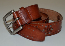 Fossil Reddish Brown Leather Silver Studded Belt Perforated Star Flower Design