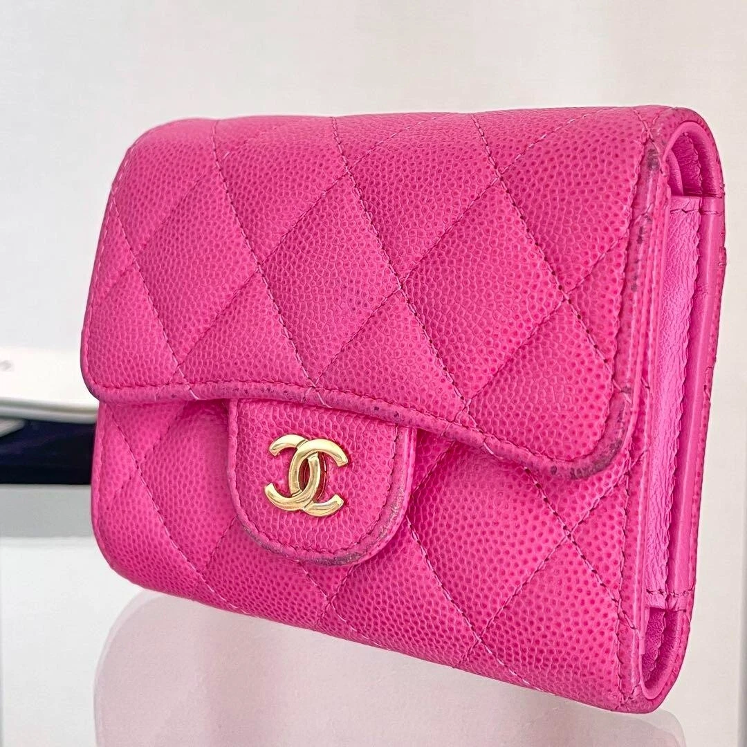 CHANEL Small flap Leather Wallet Pink Authentic Women Used from