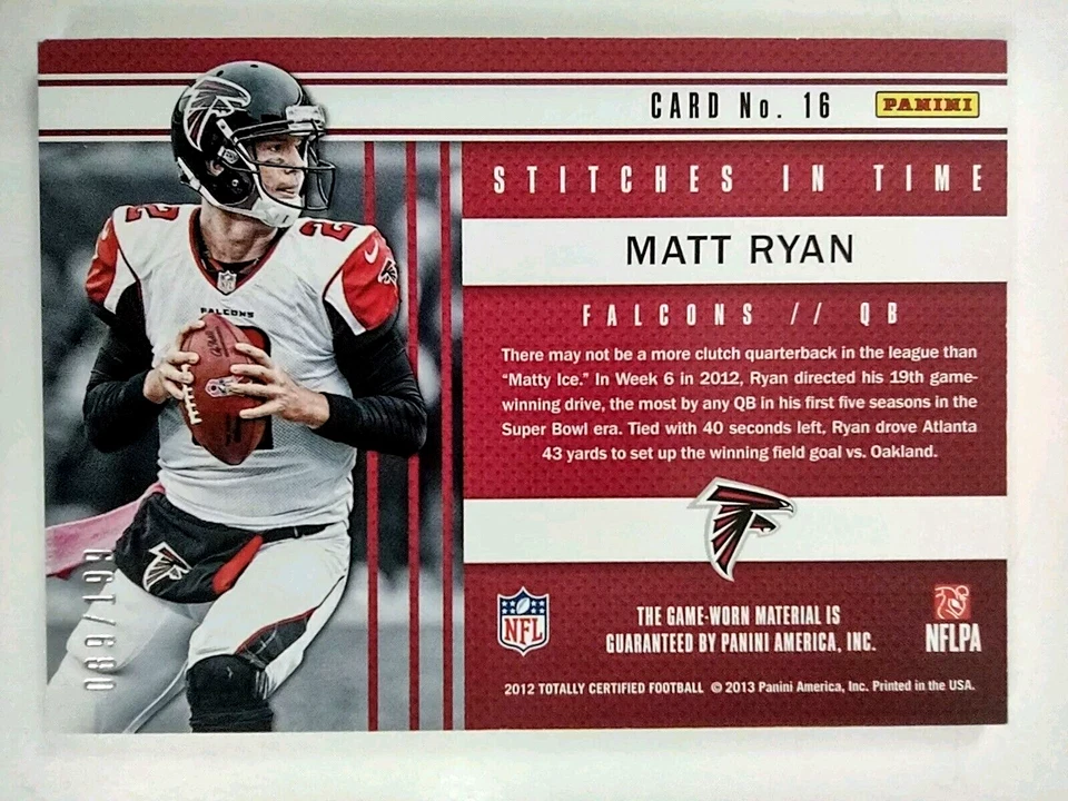 2012 Totally Certified Stitches in Time #16 Matt Ryan 089/199 Falcons Jersey - Image 2 of 4