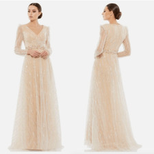 MAC DUGGAL 67859 LONG SLEEVE SILVER SEQUINS CHAMPAGNE GOWN sz 14