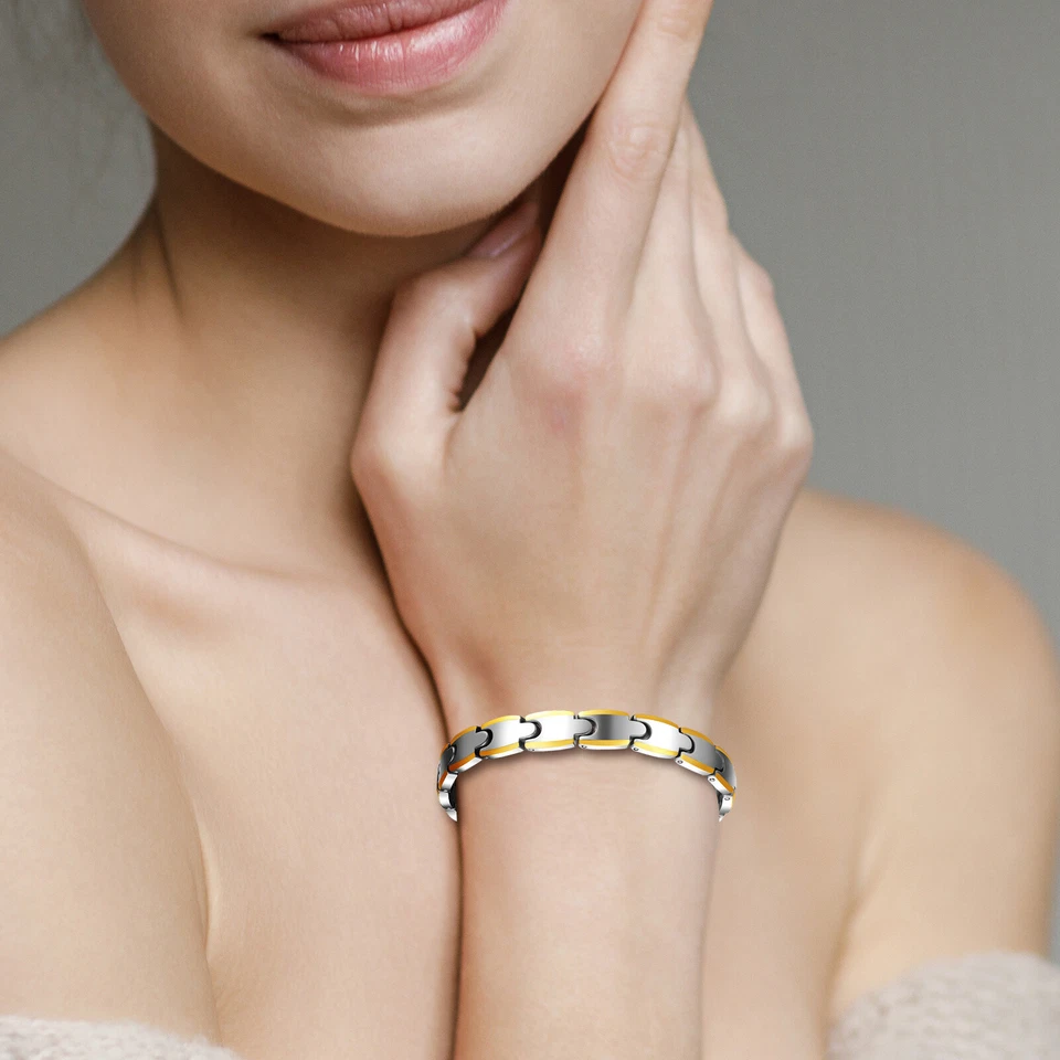 Brazalete de carburo de tungsteno magnético antifatiga salud tono plata dorado unisex Foto 4 de 4