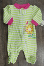 Baby Girl New Garanimals Preemie Green  White Striped Flower Footed Outfit