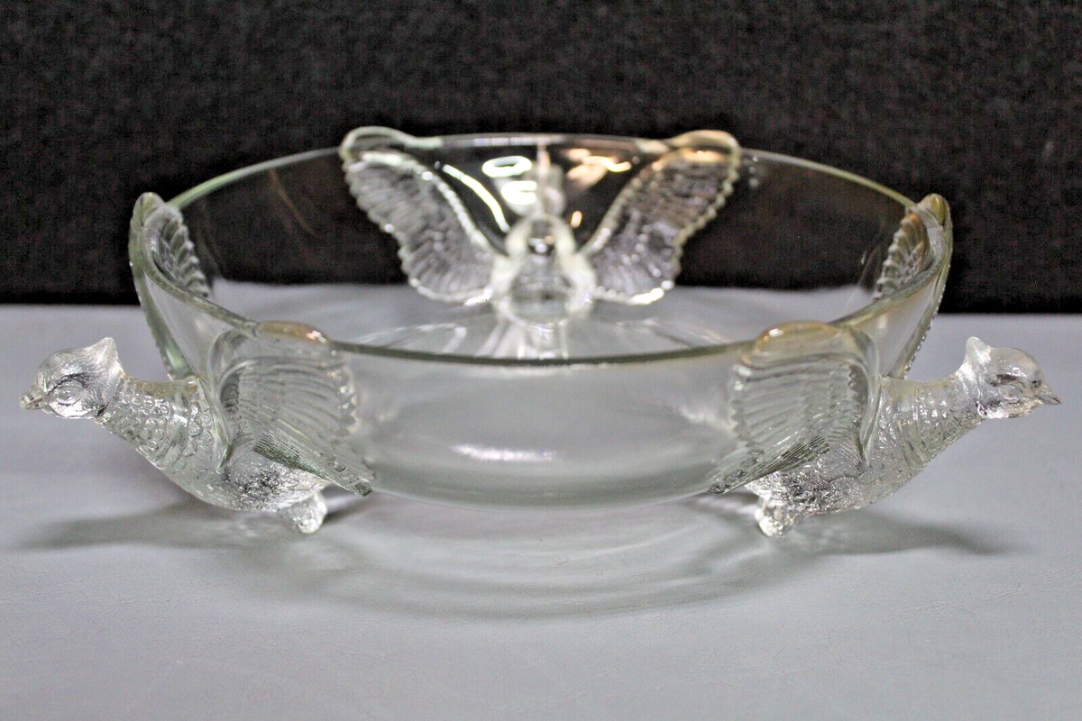 1950s Jeanette Glass Molded Pheasants Centerpiece Clear Glassware