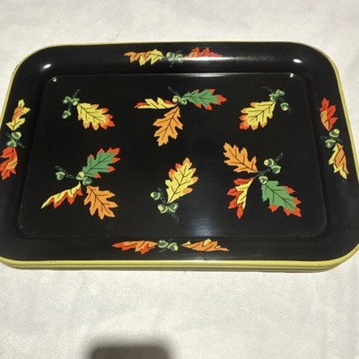 Set of 5 Black Metal Rectangle Serving Trays with Painted Leaf Design