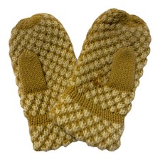 Vintage Womens Acrylic Mitten Gloves Hand Knit Brown Tan 70s Retro
