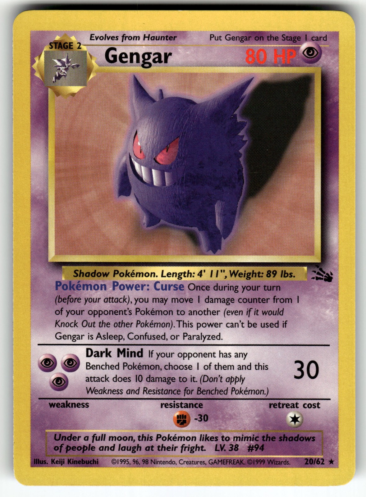 Gengar (20) 20/62 Fossil LP+ Pokemon Card TCG