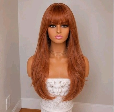 Wig  Long Layered Straight with Bangs Auburn / Copper / Red  heat resistant Hair