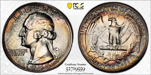 MS66 1958 25C Washington Silver Quarter, PCGS Trueview- Pretty Mint Set Toned