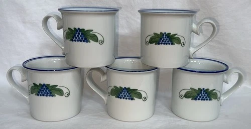 5 DANSK Provence Harvest Blue Grapes Green Leaves Blue Rim White Mugs