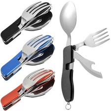 4 in1 Foldable Camping Utensil Set Multi-Functional Knife Fork Spoon Bottle Open