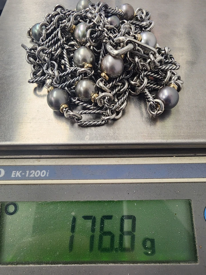 David Yurman 0.925 纯银 18K 黄金大溪地 11 毫米珍珠项链 72 — 第 2/4 张图片