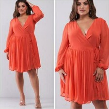 NWT Haute Curve faux wrap pleated coral sheer long sleeve dress