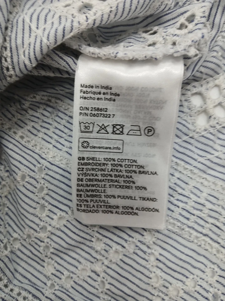 H&M Blue Striped Cotton Lace Blouse UK Size 8 Ruffled Long Sleeve Elegant - Image 4 of 4