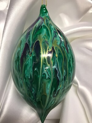 Marvelous Handblown Glass White,Teal Green,Gold&Purple Christmas Ornament 5.9''