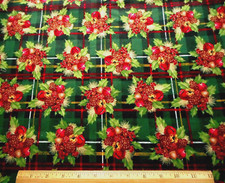 Christmas Fabric 7/8 Yard Pinecone Holly Metallic Gold Green Plaid Cotton 2 C