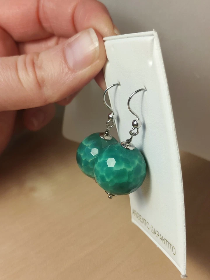 Orecchini Argento 925 Silver pendenti sfera Pietra Dura Agata Verde Donna  - Immagine 4 di 4