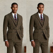 Vintage Brown Men's Safari Jackets with Belt Wedding Outdoor Hunting Coat Pant