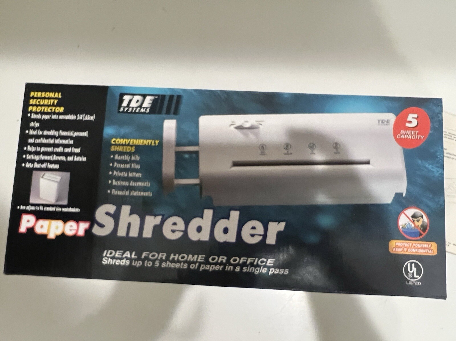 TDE Systems Paper Shredder 5-SHEET CAPACITY In Original Box with Manual-image