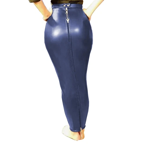 Sexy Women PU Leather High Waist Full Zip Lockable Sissy Hobble Pencil Skirts - Picture 13 of 32