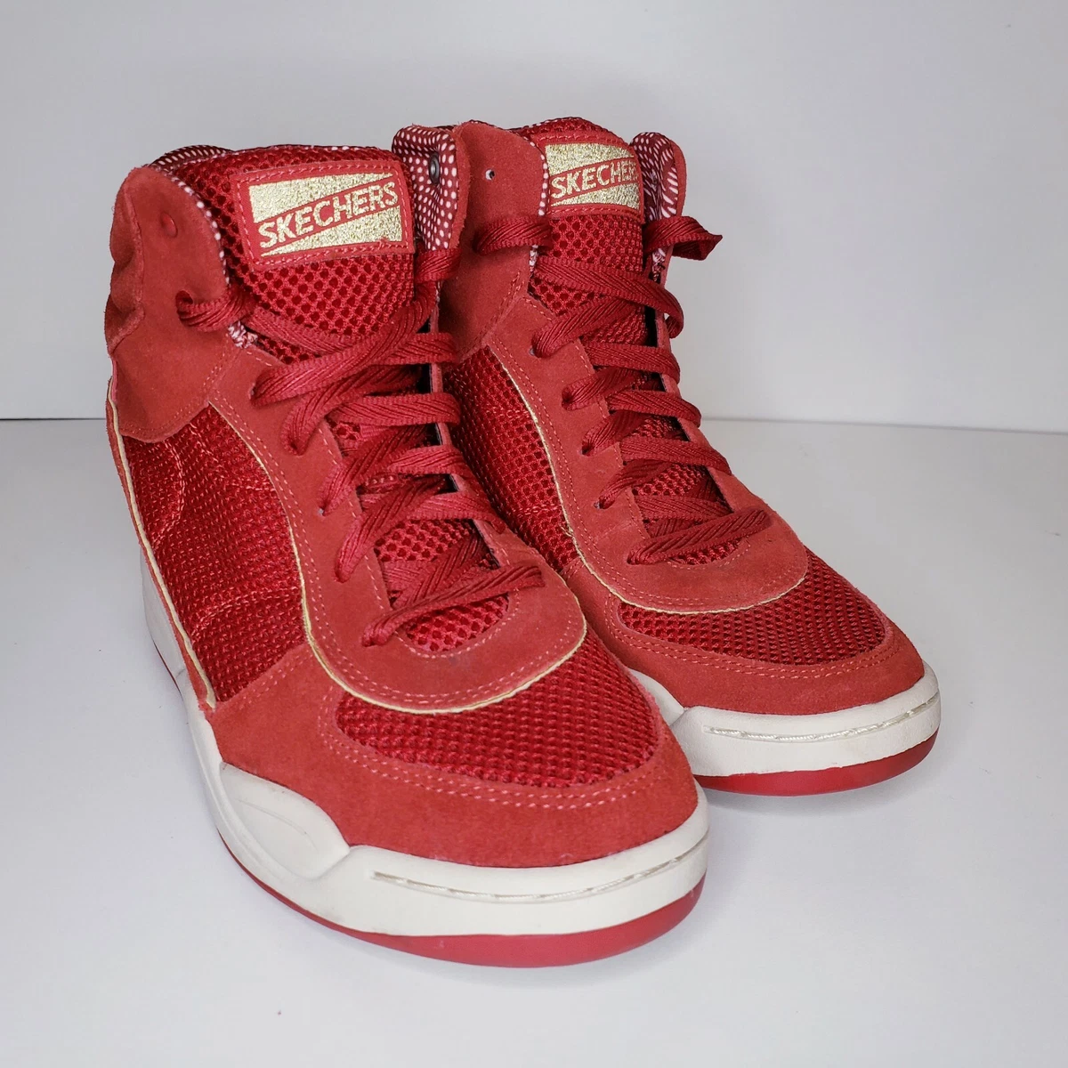 Women s Skechers Red Superblast Leather Suede Sneaker Wedge High Top Size 10 Red