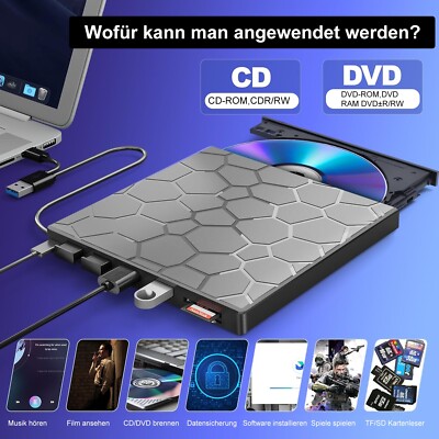 USB 3.0 Externes CD/DVD Laufwerk Brenner Player für PC Laptop Windows 7 8 10 11