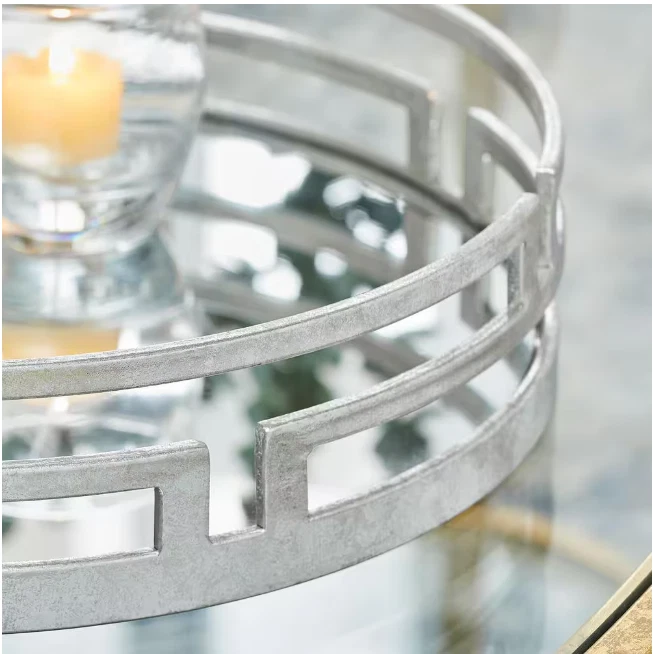 Modern Round Silver Geometric Mirrored Tray (15" Diameter) - Image 2 of 4