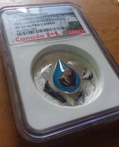 W×W RARE 3D 2017 CANADA SILVER OZ .999 UNDERWATER LIFE COLORIZED NGC PF69