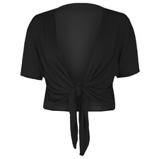 Ladies Plain Cap Short Sleeve Tie Up Front Bolero Shrug Cropped Cardigan Top