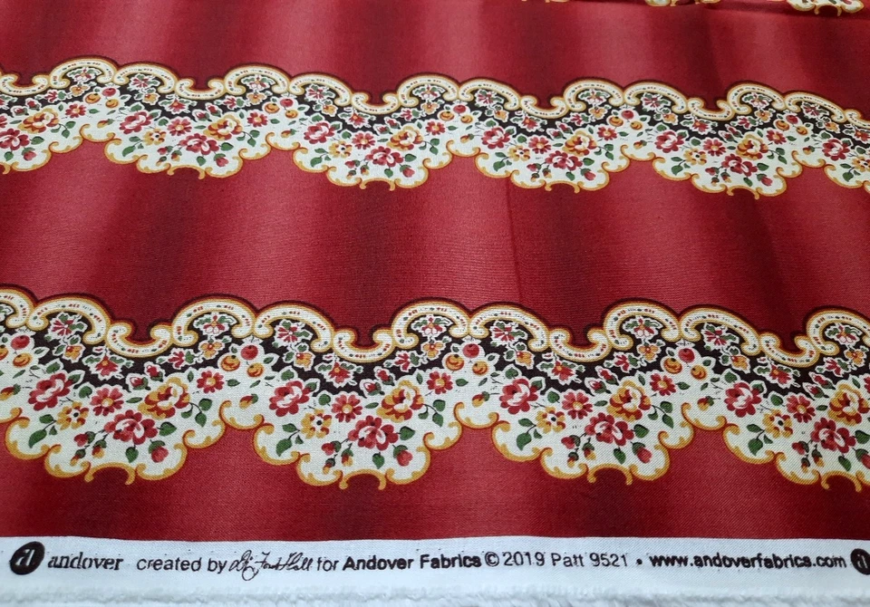 1 1/2 Yds Andover Fabric #9521 Rust/Red w/Yellow Gold Green Wavy Floral Stripes - Image 2 of 4