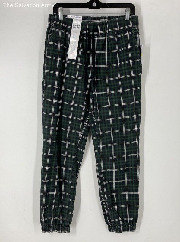 Tinseltown Womens Green Plaid High-Rise Elastic Waist Jogger Pants Size Medium