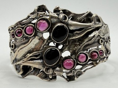 Hadar Designers Sterling Silver Red Garnet Brutalist Cuff Bracelet Handmade