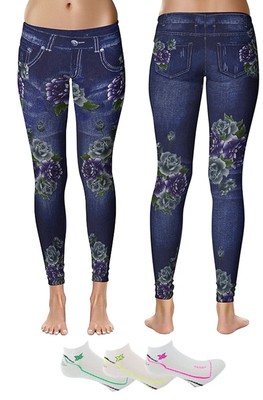 i-Smalls Damen bedruckte Leggings in Jeansoptik mit gratis Söckchen (Einheitsgröße)