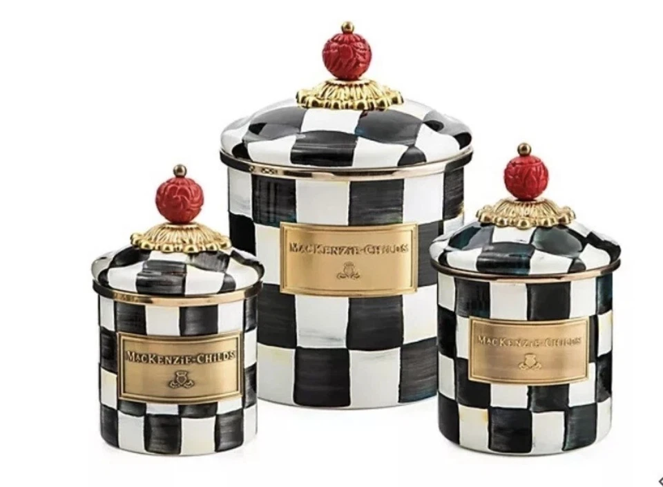 MacKenzie Childs COURTLY CHECK S/3 Enamel Canisters, Mini, Demi & Small NEW - Image 2 of 4
