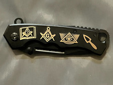 Free Mason Black Fold Pocket Knife Spring Assist Square Compass Bible Eye NEW 