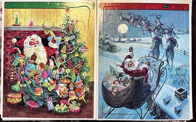 2 Vintage Whitman 1966 Santa Claus Tray Puzzles Christmas #4426  Sled Tree