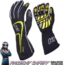 K1 RaceGear Track 1 Nomex Racing Gloves SFI 3.3/5 Black/Fluo Yellow Kids & Adult