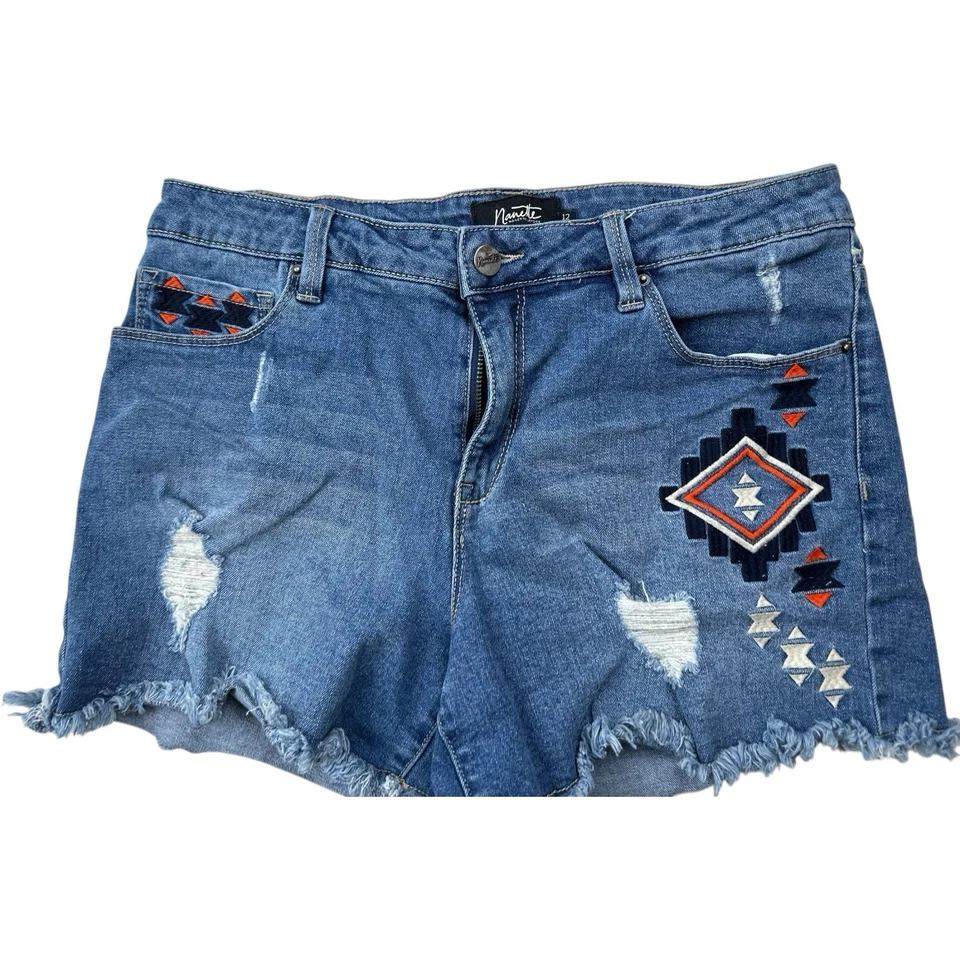 Pantalones Cortos Nanette Lepore Mujer 12 Bordados Distress Denim Southwesern Boho Azteca Foto 3 de 4