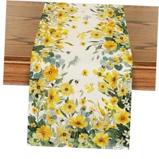  Daisy Eucalyptus Leaves Spring Table 13" x 72", Table Runner Yellow/Green
