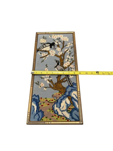Vintage Framed Needlepoint Birds On Cherry Blossom 18.5 X 8.5 - Picture 3 of 4