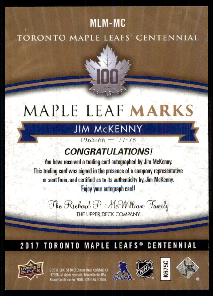 2017-18 UPPER DECK CENTENNIAL TORONTO MAPLE LEAFS MARKS AUTO JIM MCKENNY #MLM-MC - Image 2 of 2