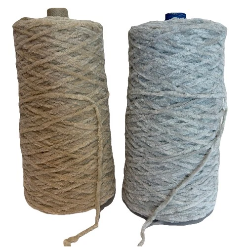 Lot of 2 Chenille Yarn Cones Spools Beige Blue Knitting Crochet Textured Weaving - product listing photo