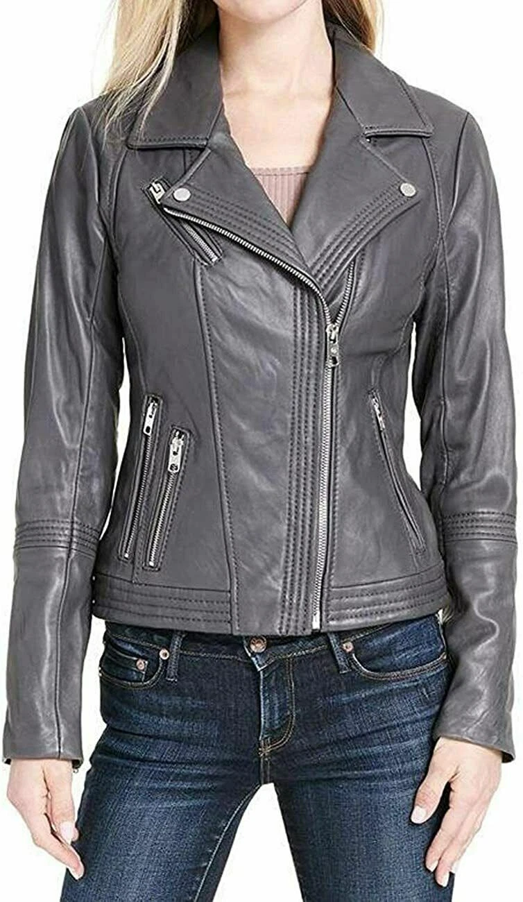 Classic Women's Genuine Lambskin Real Leather Jacket Biker Gray Fashionable Coat