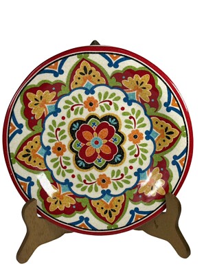 Pier 1 Isadora Coupe Salad Plates 9.25  Ceramic Round Red Rim Lot Set Of 6 EUC