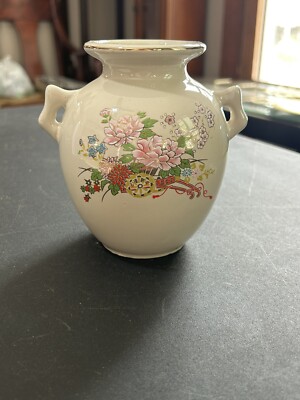 Two Handle Floral White Asian Porcelain Vase