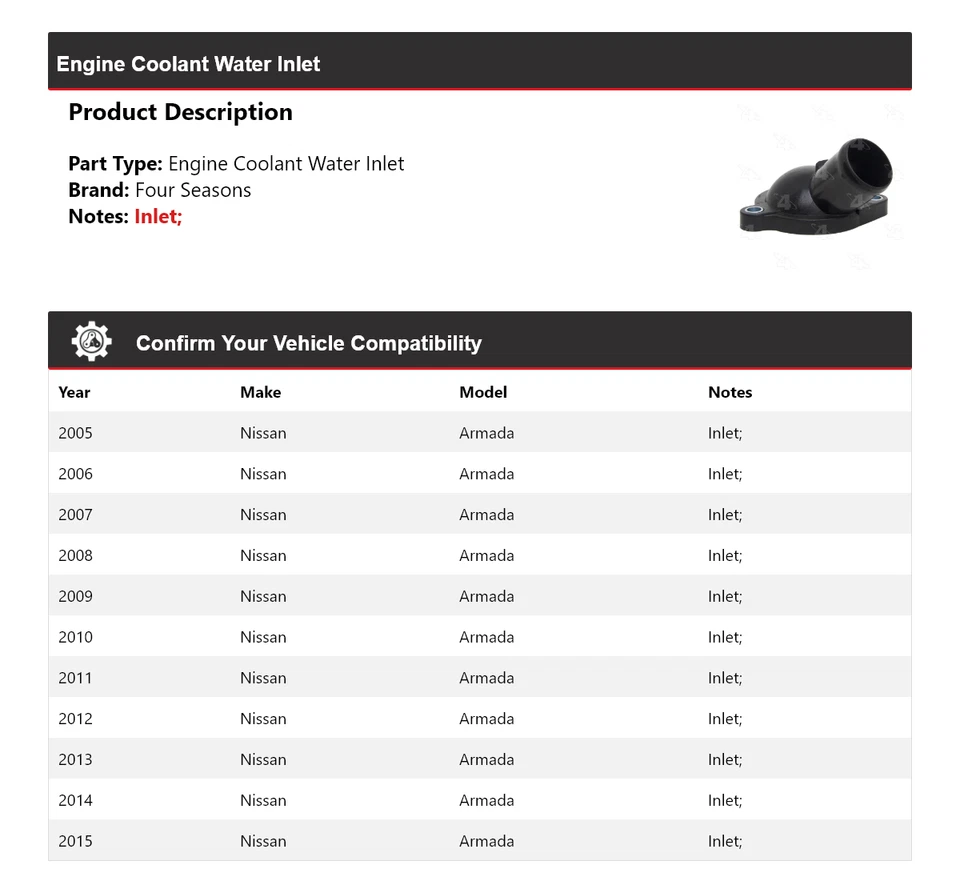 Entrada de agua refrigerante motor Nissan Armada 2005-2015 4 estaciones 2006 2007 2008 Foto 2 de 4