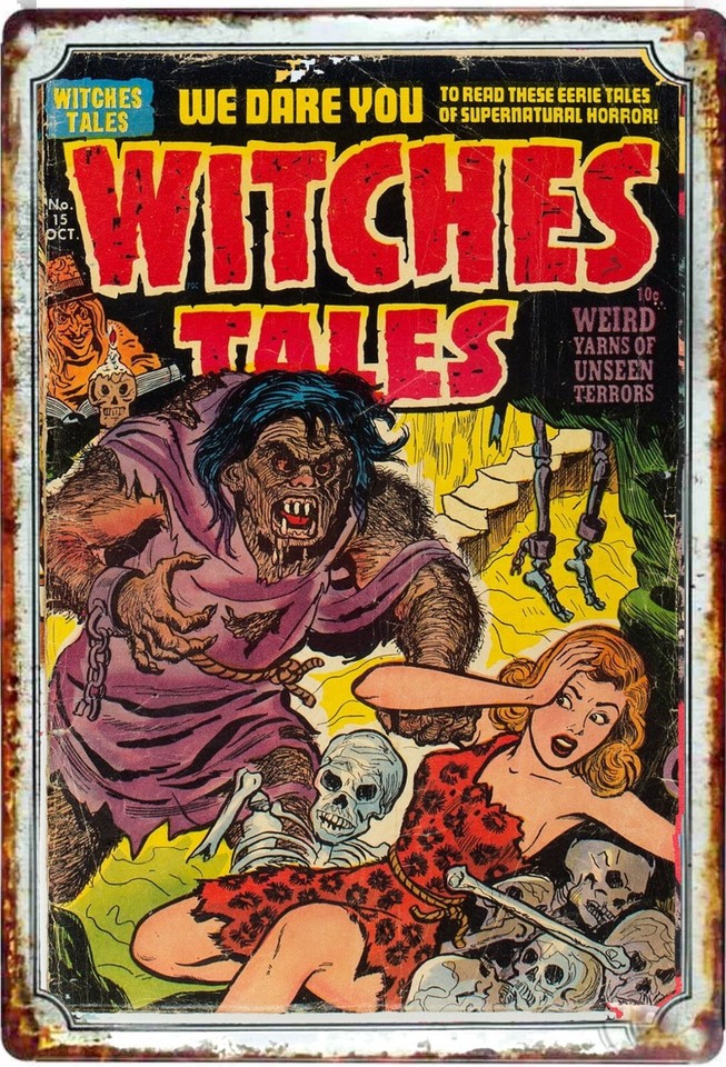 A metal tin sign reproducing a lurid 1930s 'Weird Witches Tales' horror comic cover — genuinely atmospheric vintage horror wall art.