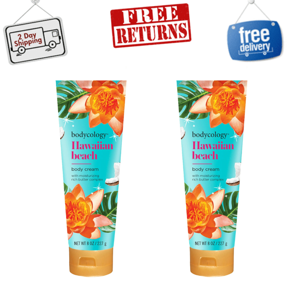 Bodycology Shea Butter Body Cream in Hawaiian Beach Scent, Long-Lasting Moisture, 8 oz Twin Pack