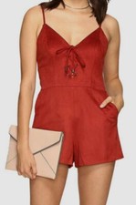 135 Lovers Friends Women's Red Sleeveless Lace-Up Faux-Suede Romper Size L