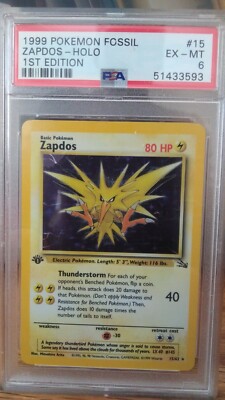 1st Edition Zapdos 1999 Pokemon Fossil, Holo Card #15 PSA 6 | eBay 1st Edition Zapdos 1999 Pokemon Fossil, Holo Card #15 PSA 6 | eBay