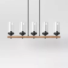 Threshold 5 Light Wood and Black Linear Island Chandelier Glass Shades